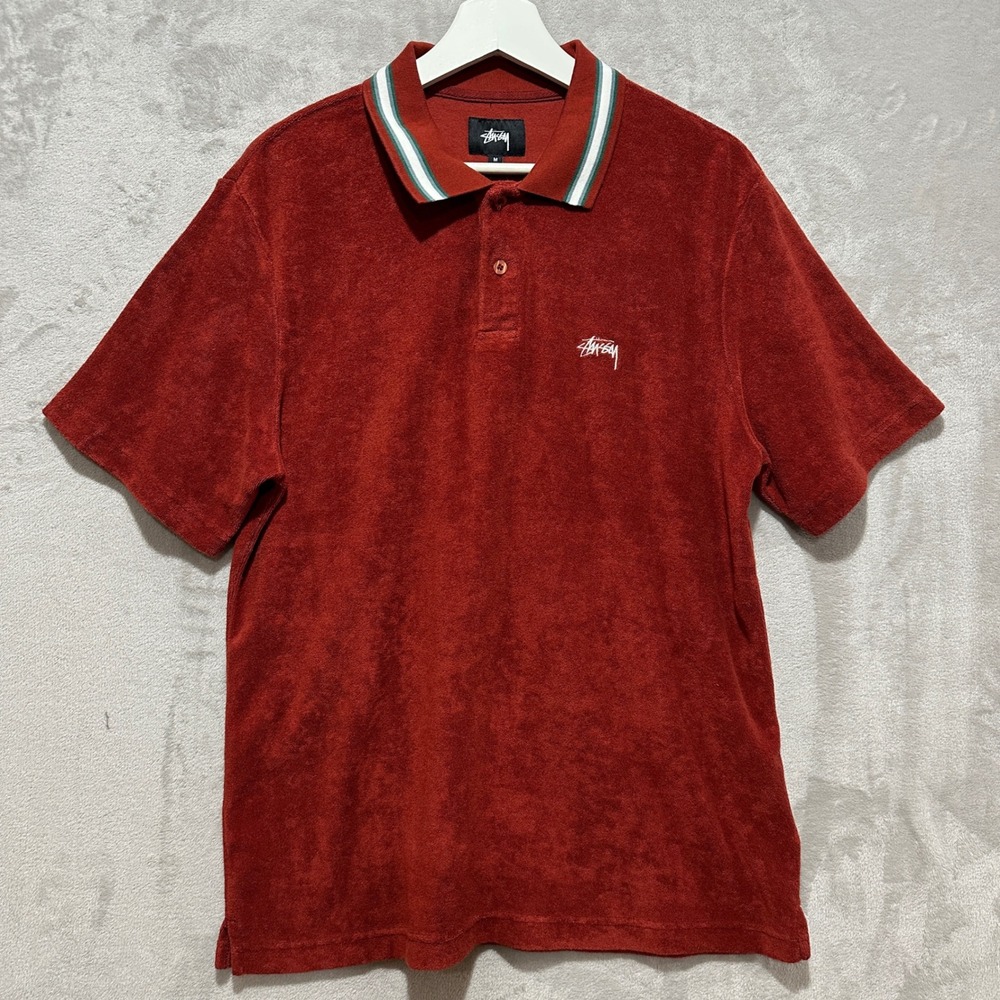 Stussy Terry Cloth Polo Shirt Red Green White Striped Collar Mens Medium